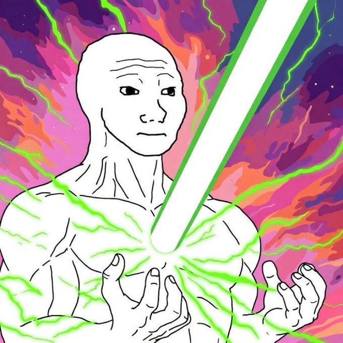 A bald, stoic "Wojak" character stands with hands raised as a massive green laser beam pierces his chest, radiating green energy across a vibrant pink and purple background. The image playfully illustrates the explosive price surge of the $WOJAK memecoin, channeling "laser eyes" energy to symbolize the 45%+ pump following its HTX Global listing.