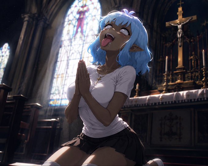 An anime-style illustration of a character with blue hair, pointed ears, and dark skin kneeling in prayer inside a church with stained glass windows and a crucifix.