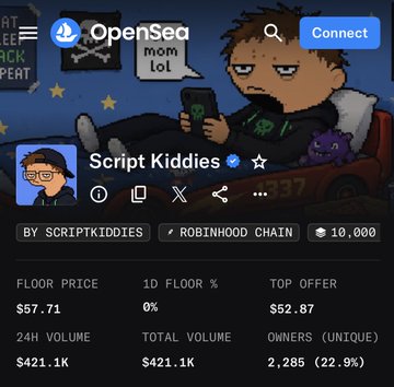 The image shows an OpenSea listing for the "Script Kiddies" NFT collection on Robinhood Chain, displaying a floor price of $57.71, total volume of $421.1K, and 2,286 unique owners. The post highlights how the collection's high trading volume and rapid sellout suggest renewed NFT activity, though it questions whether Robinhood Chain's role is artificially inflating the apparent demand.