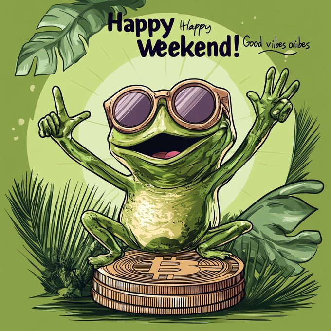 A cheerful cartoon frog wearing sunglasses sits atop a Bitcoin coin with arms raised in a "rock on" gesture, surrounded by tropical leaves, with "Happy Weekend!" and "Good vibes onibes" text above—playfully inviting requests for a relaxed, crypto-themed weekend discussion.