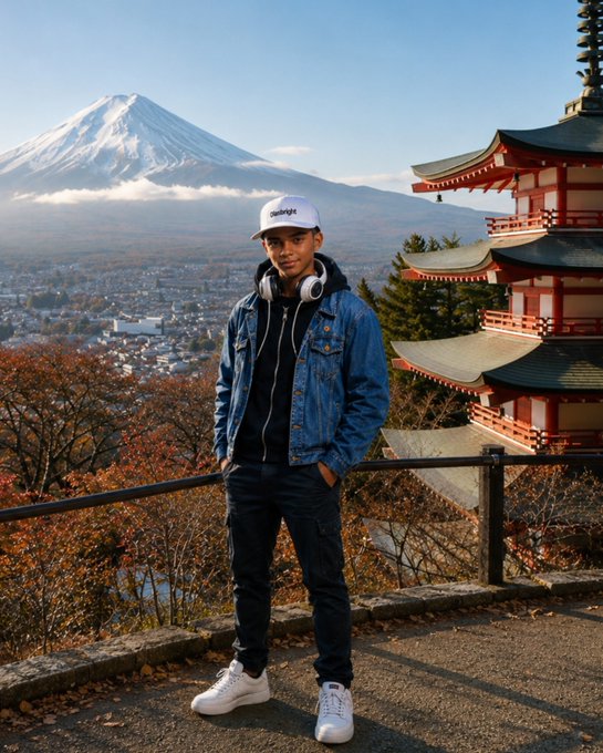 A young person wearing a white cap, denim jacket, jeans, and white sneakers stands on a viewing platform with Mount Fuji and a traditional red pagoda visible in the background.