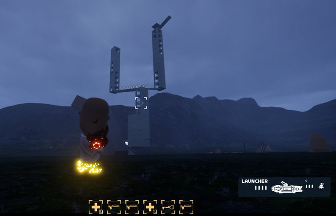 A first-person view from a video game showing a character with glowing elements facing a large structure in a dark, mountainous landscape, with a 'LAUNCHER' weapon displayed in the UI.