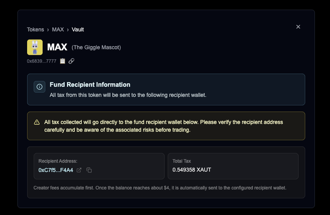 A dashboard displays the MAX (Giggle Mascot) token vault with a fund recipient address starting "0xC715..." and a total tax collected of 0.549358 XAUT, corroborating the post's claim that 0.549 XAUT of real gold has already accumulated and been auto-distributed to the recipient wallet.