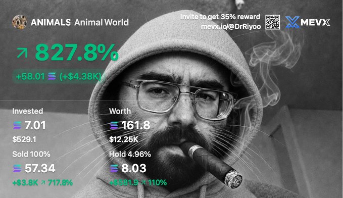 A black-and-white image shows a bearded man with glasses wearing a hood and smoking a cigar, overlaid with crypto investment stats for "ANIMALS AnimalWorld" showing a 827.8% gain, $58.01 (+$4.38K) invested, and a MEVX invite link "mevx.id/DrRiyoo" offering a 35% reward.