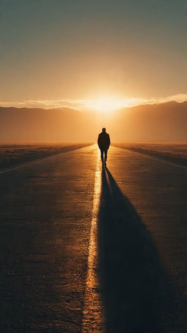 A cinematic silhouette of a person walking down the center of a long road toward a glowing sunset, casting a long shadow.