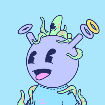 A cheerful purple cartoon character with green tentacles, horn-like antennae, and a halo is featured against a light blue background, representing the quirky NFT #1615 that recently sold for 1.1 ETH ($2,103) on OpenSea.
