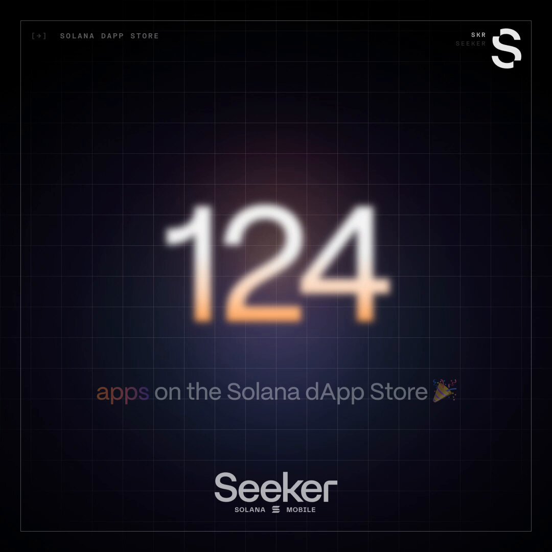 The image features an advertisement for a mobile app called "Seeker". The app has been launched and is available for download from the Solana dApp Store. The text on the image reads, "1, Over a thousand apps live, shipped, and breathing on the Solana dApp Store right now." This indicates that there are numerous applications available in the store, and they have already been downloaded by users.