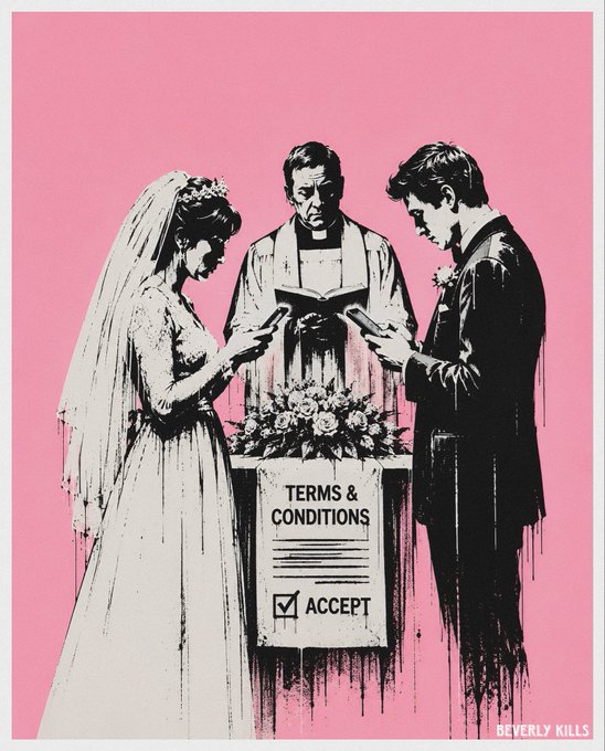 A stylized pop-art illustration of a wedding ceremony where the bride, groom, and officiant are reading a "TERMS & CONDITIONS" document together, with an "ACCEPT" checkbox below; signed "BEVERLY KILLS."