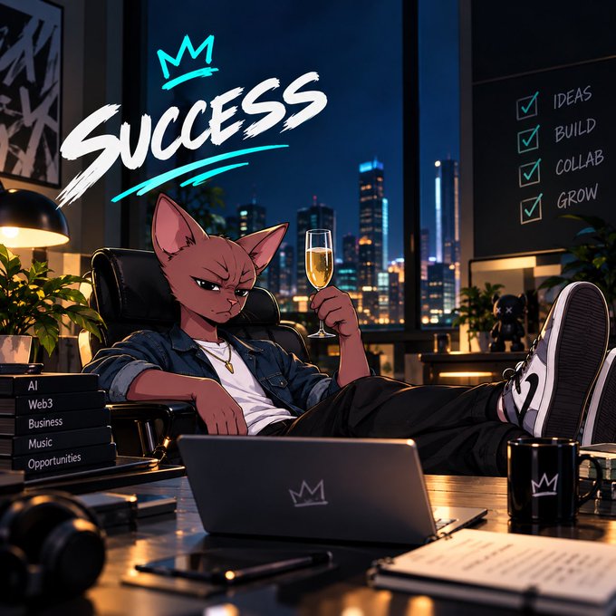 An illustration of an anthropomorphic cat in a denim jacket lounging in a chair with feet on a desk, holding a champagne glass, with the word "SUCCESS" displayed above.