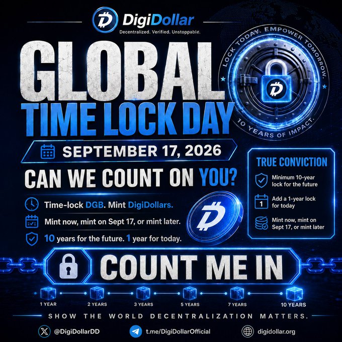 DigiDollar promotional graphic for 'Global Time Lock Day' on September 17, 2026, encouraging users to time-lock DGB and mint DigiDollars with a 'Count Me In' lock period selector ranging from 1 to 10 years.