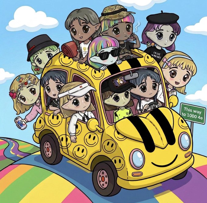 A colorful cartoon illustration of chibi-style characters crowded into a yellow smiley-face patterned bus driving along a rainbow road, with a road sign reading 'This way to 1000 é'.