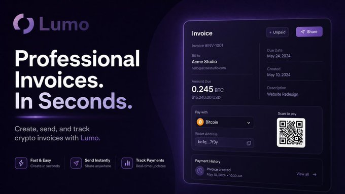 A promotional graphic for 'Lumo' advertising 'Professional Invoices In Seconds' with a sample crypto invoice for 0.245 BTC shown on the right.