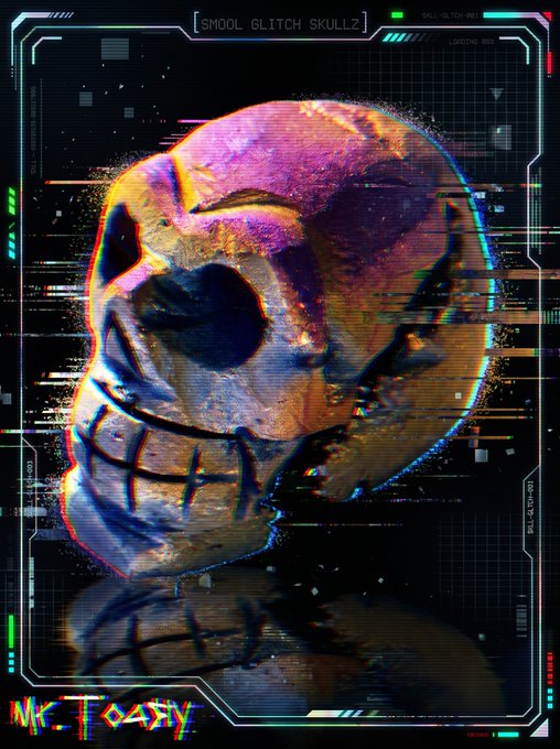 A digital artwork labeled 'SMOOL GLITCH SKULL2' depicting a colorful, distorted skull with chromatic aberration and glitch effects by the artist MrToddy.