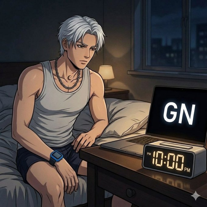An anime-style illustration of a silver-haired man in a white tank top sitting on a bed beside a laptop displaying 'GN' and a digital clock reading 10:00 PM.