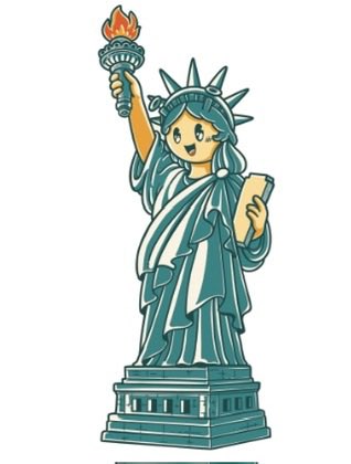 A cartoon illustration of the Statue of Liberty in teal and white, holding a flaming torch and a tablet, with a cute anime-style face.