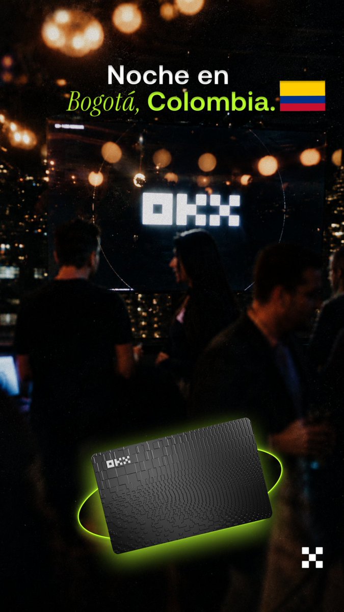 A promotional image reading 'Noche en Bogotá, Colombia' with the Colombian flag, showing a nighttime rooftop scene with the OKX logo displayed on a screen and a fake keyboard advertisement.