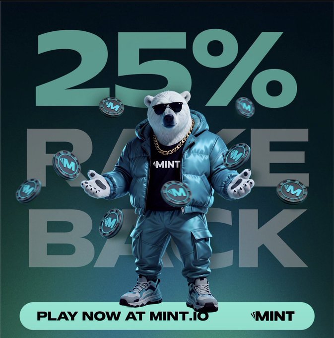 An advertisement features a polar bear wearing sunglasses and a blue puffer jacket surrounded by coins, with text reading '25% Rake Back', '$MINT', and 'PLAY NOW AT MINT.IO'.