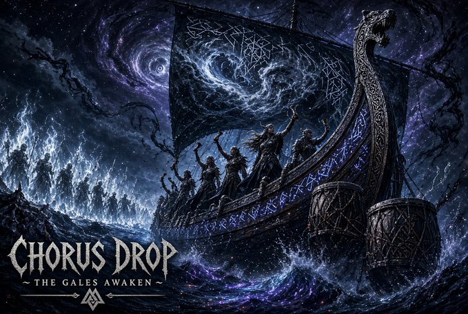 Fantasy artwork titled 'CHORUS DROP - THE GALES AWAKEN' depicting a Viking-style ship with warriors aboard, sailing through stormy seas under a swirling dark sky.