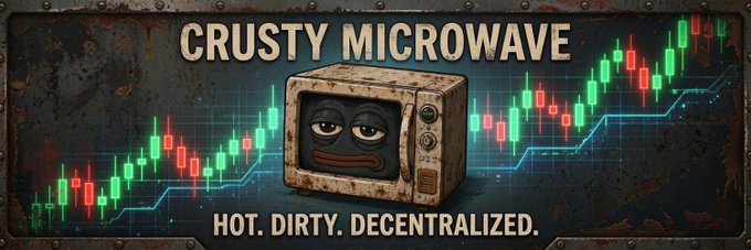 A weathered, rusty microwave with a tired-looking cartoon face is displayed against a background of green and red candlestick charts, with text reading "CRUSTY MICROWAVE" and "HOT. DIRTY. DECENTRALIZED."