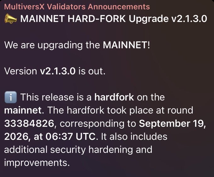 A Telegram announcement from 'MultiversX Validators Announcements' about a MAINNET HARD-FORK Upgrade v2.1.3.0, stating the hardfork took place at round 33384826 on September 19, 2026, at 06:37 UTC.