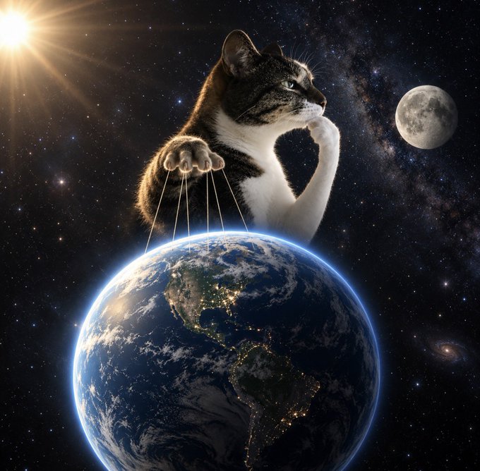 The image shows a colossal tabby cat using puppet strings to "control" Earth like a marionette, set against a cosmic backdrop featuring the sun, moon, and starry galaxy, humorously illustrating the idea that felines secretly pull the strings of humanity—or that "billions would think" as one mind. It plays on the classic Schrödinger's cat thought experiment and the internet meme of cats being universal overlords who manipulate the entire world.