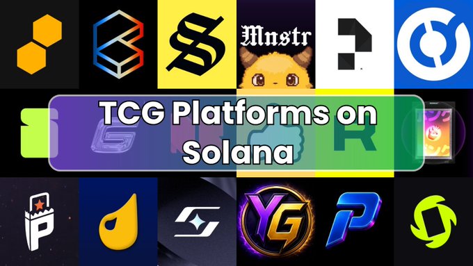 A title card displaying "TCG Platforms on Solana" overlaid on a grid of various trading card game platform logos, including Mnstr, YG, and several others with colorful branding.