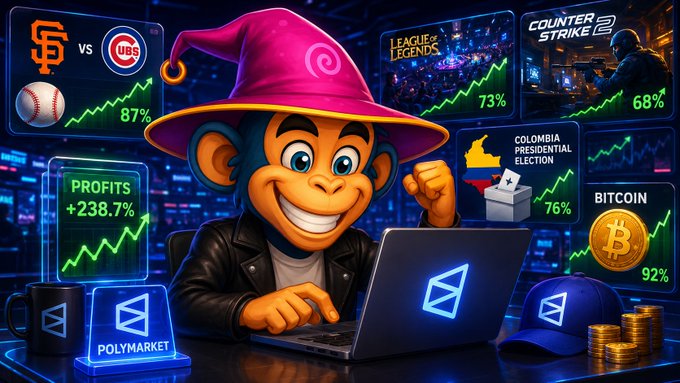 The image features a cartoon character wearing a purple hat with a smiley face sitting at a desk using a laptop computer, surrounded by various objects such as coins, cups, and a baseball glove. The background of the image shows a city skyline filled with buildings, indicating that it is set in an urban environment. The post includes information about different sports teams like the San Francisco Giants and the Chicago Cubs, along with mentions of esports, politics, and Bitcoin. The character's position at the center of the image suggests they are the leader or main focus within this context.