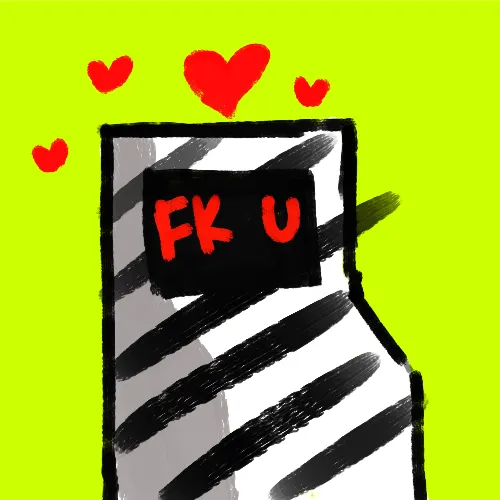 A crudely drawn laptop with black and white stripes displays "FK U" in red text on its screen, surrounded by floating red hearts against a bright green background, playfully suggesting a rejection in response to the invitation for "generational printing."