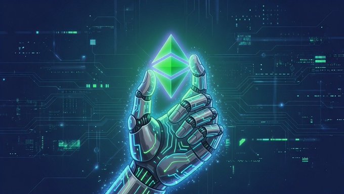 A futuristic digital illustration of a metallic robotic hand holding a glowing green Ethereum (ETH) logo against a circuit board background.