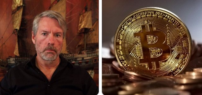A split image showing a man with gray hair and beard on the left, and a close-up of a physical Bitcoin token on the right.