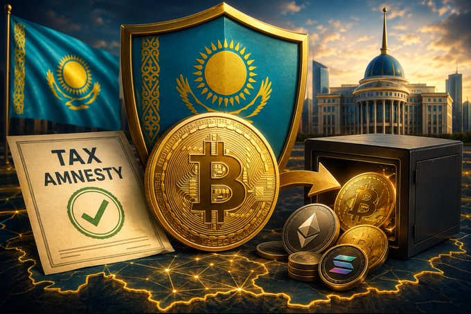 The image depicts Kazakhstan's tax amnesty initiative for crypto investors, featuring a Kazakh flag and shield alongside a government building, a "TAX AMNESTY" document with a green checkmark, a Bitcoin coin, and a safe containing various cryptocurrencies, symbolizing the country's effort to bring crypto assets onshore with zero tax on personal gains.
