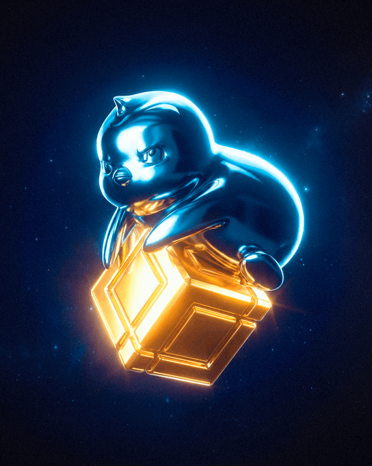 The image features a 3D rendering of a penguin figurine sitting atop a golden cube, with the penguin appearing to be holding onto the cube. The background of the image is dark blue, which contrasts with the penguin's silver coloration. Below the image, there is text that reads "BNB IS HERE We’re proud to announce that PenguBot now supports BNB token trading." This suggests that the penguin figurine and its golden cube are part of a digital art project or promotion related to BNB token trading.