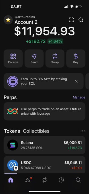 The image shows a crypto wallet app displaying "Account 2" with a balance of $11,954.93 (+1.64%), holding 28.76 Solana ($6,009.81) and 5,946 USDC ($5,945.11). The $11k figure in the caption refers to "Account 2's" total balance, humorously referenced as if someone mistakenly sent that amount.