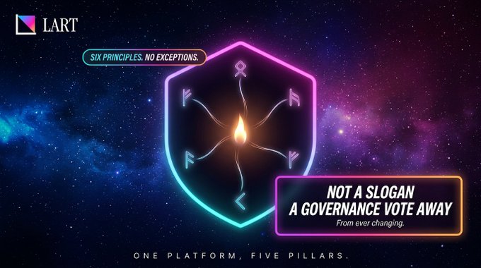 The image features the LART logo with a glowing shield emblem containing rune-like symbols and a central flame against a starry purple and blue space background. Text highlights LART's "SIX PRINCIPLES, NO EXCEPTIONS" and emphasizes that their stance is "NOT A SLOGAN, A GOVERNANCE VOTE AWAY From ever changing," with "ONE PLATFORM, FIVE PILLARS" at the bottom—reinforcing the post's message that LART's author-protective principles are immovable and immune to governance manipulation.