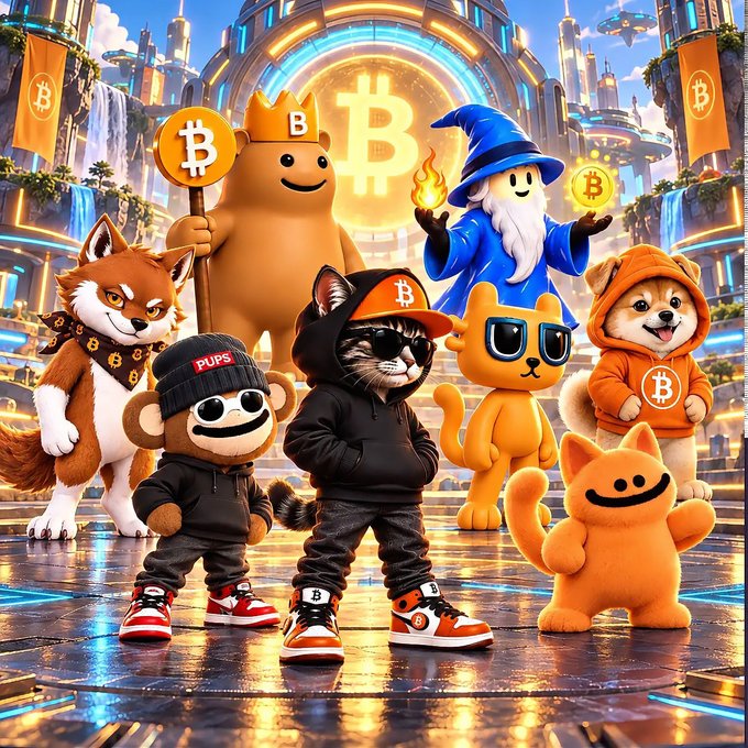 AI-generated artwork featuring a group of cartoon characters including a Shiba Inu, a cat in sunglasses wearing a Bitcoin cap, a wizard, and an orange cat mascot, all posed in front of a glowing Bitcoin symbol and futuristic cityscape.