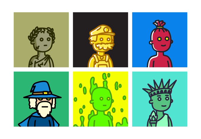 A grid of six stylized cartoon character icons on different colored backgrounds, including a Roman figure with a laurel wreath, a miner with a helmet, a red figure with a crown, a man in a blue hat, a green alien-like creature, and a figure with a spiked crown.