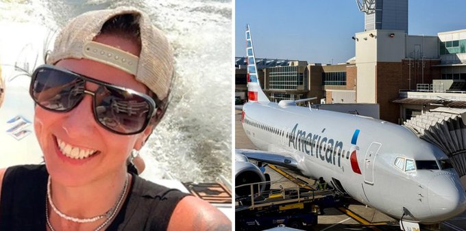 A composite image showing a smiling woman wearing sunglasses and a backwards cap on the left, next to a large American Airlines passenger jet parked at an airport gate on the right.