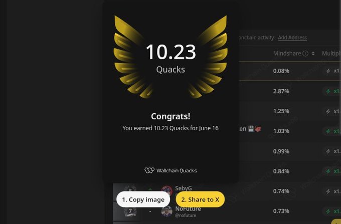 The image shows a screen displaying information about trading achievements, specifically related to cryptocurrency. It features a gold logo with wings behind it, indicating an accomplishment or success. The screen also displays statistics and numbers, including the amount of Quacks earned and their source from value leaks. Another person's name is present in the image as well.