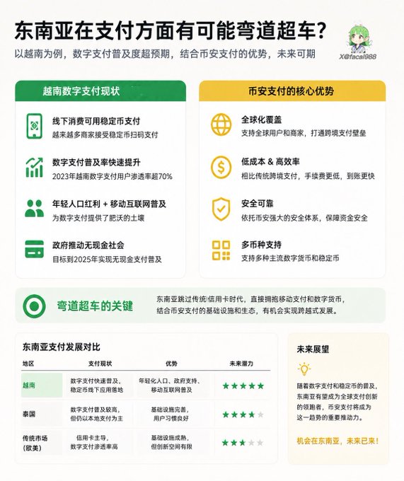 A Chinese-language infographic titled '东南亚在支付方面有可能弯道超车?' discussing Southeast Asia's digital payment landscape, contrasting Vietnam's current status with '币安支付' (Binance Pay) advantages and showing a comparison table with star ratings.
