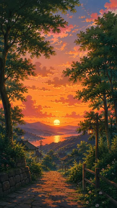 A vibrant illustration of a sunset over a body of water, viewed from a stone path flanked by trees, with mountains and a small village in the distance.