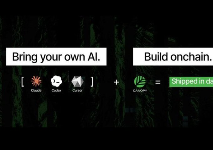A promotional graphic with text reading 'Bring your own AI. + Build onchain. = Shipped in da...' featuring logos for Claude, Codex, Cursor, and Canopy.