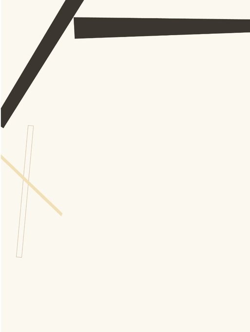 A minimalist abstract composition featuring a cream background with bold black angular strokes in the upper left and thin tan diagonal lines in the middle left.