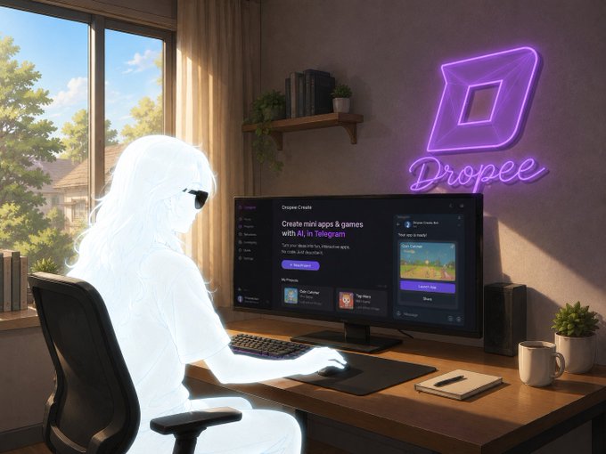 The image features a woman sitting at a desk using a computer monitor while wearing sunglasses. The scene takes place indoors, possibly in an office or home setting. A large neon sign that reads "Dropee" can be seen above her head. The image also includes several books and potted plants placed around the room, giving it a cozy atmosphere.

The post seems to discuss the convergence of various aspects related to Dropee, such as distribution, product design, traction, and token design. This suggests that the creator or user of the image might be interested in understanding how these elements come together to form the platform they see before them. The focus on these aspects indicates a deeper exploration into the underlying technology and business model behind Dropee, rather than just viewing it as another project or application.