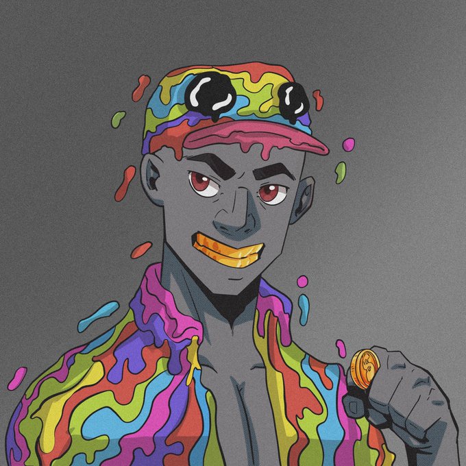 A stylized gray-skinned character with a vibrant rainbow-colored cap and jacket smiles while holding up a gold coin, matching the cheerful "gm" (good morning) crypto greeting. The dripping paint aesthetic and the displayed coin suggest a playful nod to the crypto/NFT community's morning ritual.