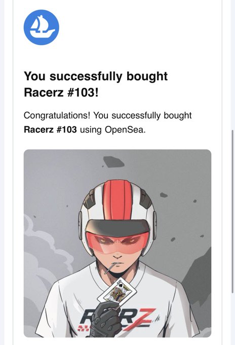 An OpenSea purchase confirmation notification stating 'You successfully bought Racerz #103!' with an illustration of an anime-style character wearing a red and white racing helmet and holding a card.