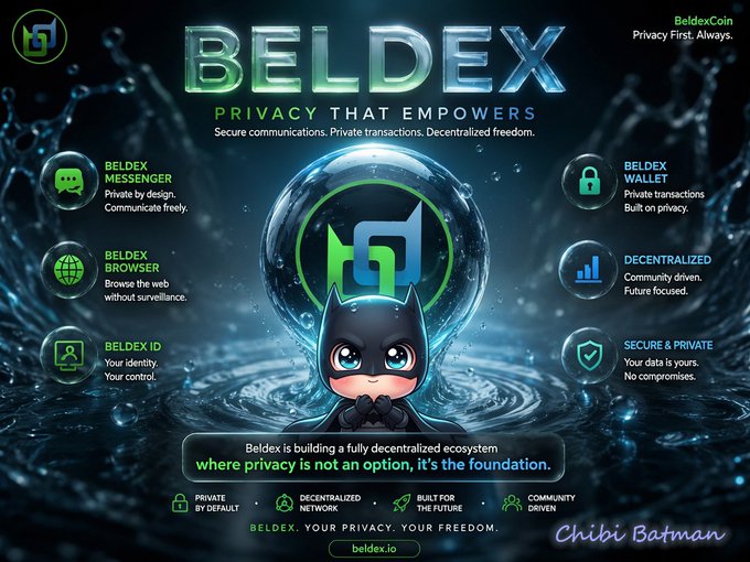 The image is a promotional graphic for BeldexCoin (beldex.io) featuring a "Chibi Batman" mascot against a dark, watery background, highlighting their privacy-focused ecosystem with tools including Beldex Messenger, Browser, ID, Wallet, and a decentralized network built on community-driven values. It complements the post's message about Beldex's broader approach to privacy infrastructure, showcasing the integrated products and services that surround their masternode network.