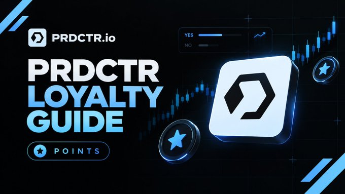 A promotional graphic for the "PRDCTR LOYALTY GUIDE" on PRDCTR.io features bold text alongside a stylized app icon with a hexagonal logo, two star-emblazoned "POINTS" tokens, and a background showing an upward-trending prediction market chart with YES/NO indicators, visually representing the platform's incentivized testnet loyalty program highlighted in the post.