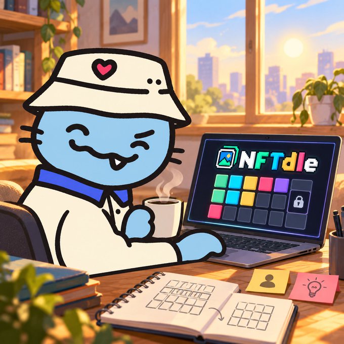 A cartoon illustration of a smiling blue cat wearing a bucket hat, sitting at a desk with a coffee mug and laptop displaying 'NFTdle' with colorful tiles.