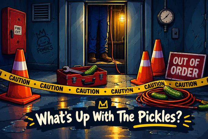 Illustrated banner titled 'What's Up With The Pickles?' showing an elevator scene featuring traffic cones, a wrench, pickles, and an 'OUT OF ORDER' sign.