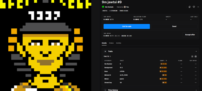 A pixelated gold skull wearing a gray cap with "1337" displayed on top is shown on the left, paired with an OpenSea NFT collection page for "9m jawtsi #9" on the right. The collection sits at 0.0659 ETH floor price with 9 traits listed including "9m Number" (4.6%) and "JustAF!" (1.0% rarity), visually representing the rare "9m" NFT being celebrated in the post after being lent to Vitalik Buterin.